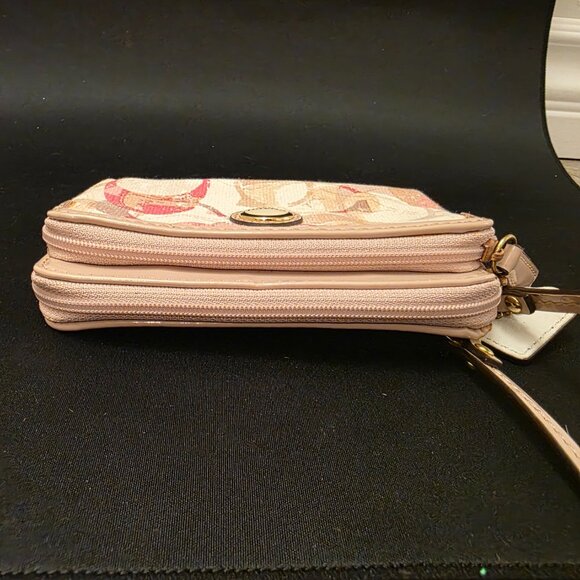 Coach Poppy Double Zip Wallet Wristlet Pink & Cream Signature C Canvas Leather - Picture 7 of 8
